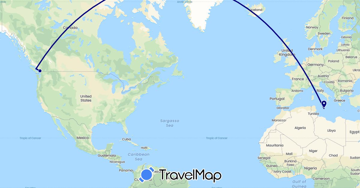 TravelMap itinerary: driving in Canada, Malta (Europe, North America)